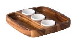 Bord hout Acacia met 3 dipschaaltjes 30 x 30 cm