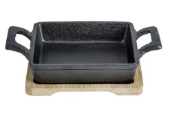 Gietijzer gratinschaal op plankje vierkant 13 cm