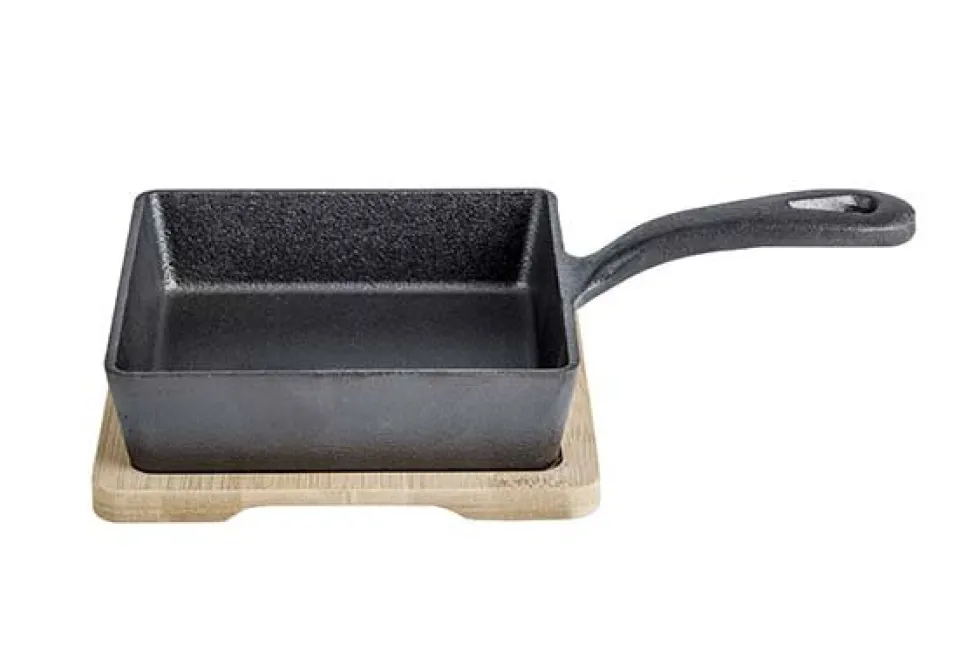 Gratinschotel gietijzer vierkant 13 cm op plankje