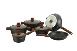 Pannenset 10 delig marmeren coating zwart bruin met wok