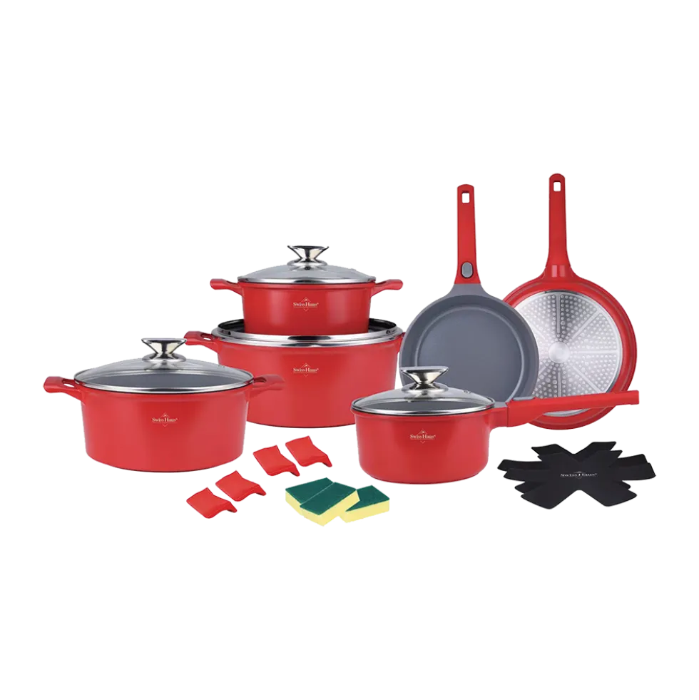 Pannenset 19-delig marmeren coating rood