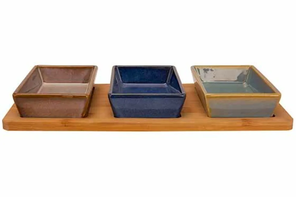 Serveerplank bamboe met 3 schaaltjes
