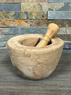 Vijzel en stamper 14 cm olijfhout
