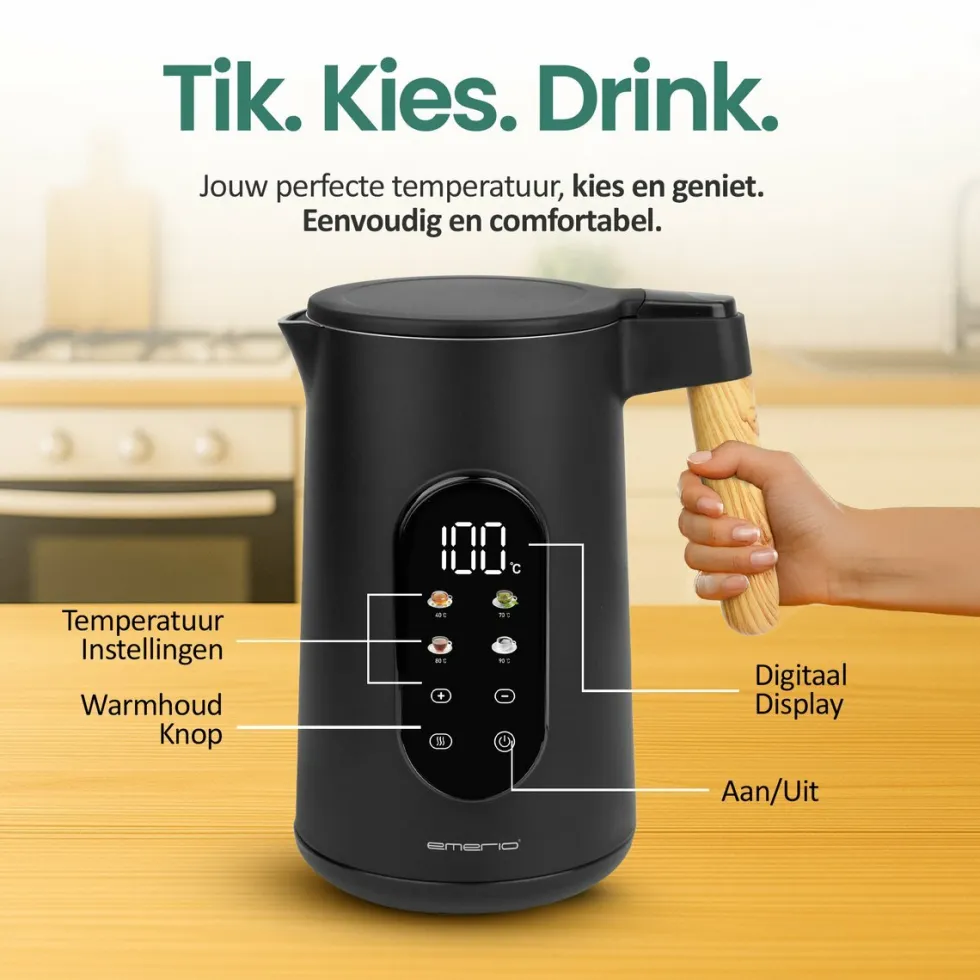 Waterkoker 1,7 liter zwart bamboe Emerio